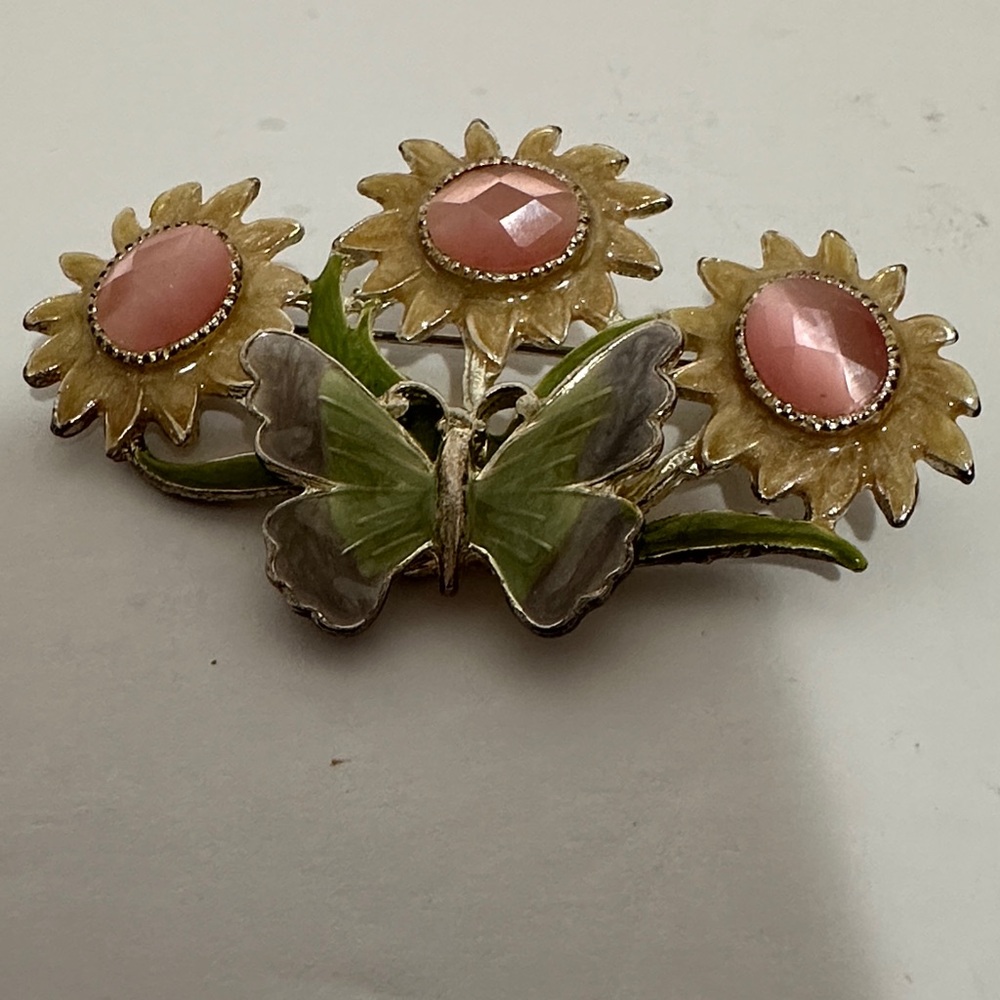 K C Sunflower and Butterfly Brooch with Pink and Green Enamel Pink Rhinestones